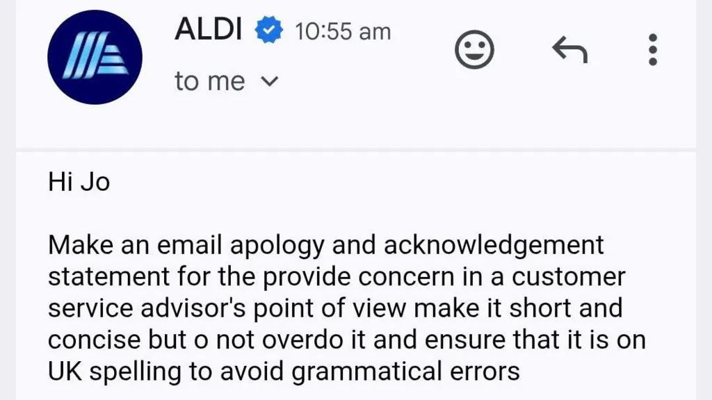 Aldi supermarket customer service reply containing an AI prompt